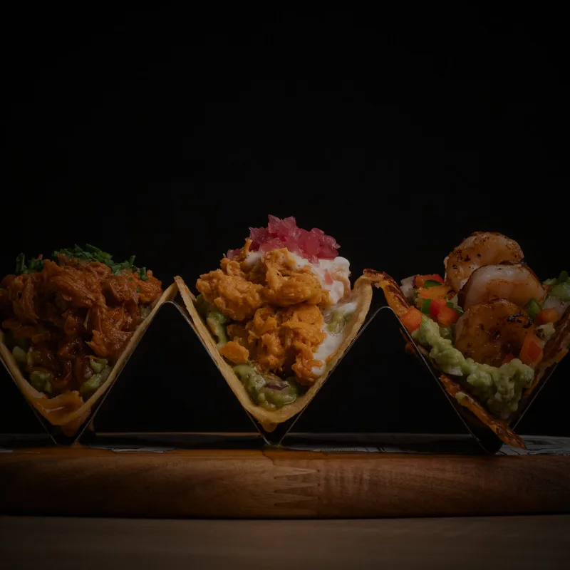 Tacos Genials, Degustación: pulled pork, ternera ahumada y langostinos con guacamole
